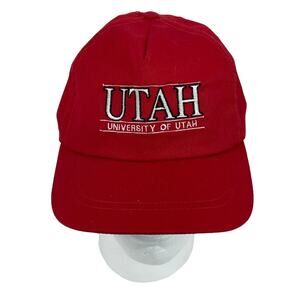 Vintage University Of Utah Red Leather Strapback Hat Front Embroidered